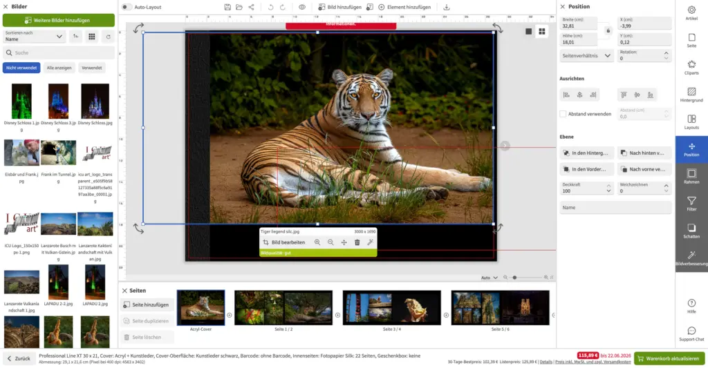 Fotobuch gestalten Workshop – Cover-Gestaltung mit Tigermotiv im Saal Digital Editor