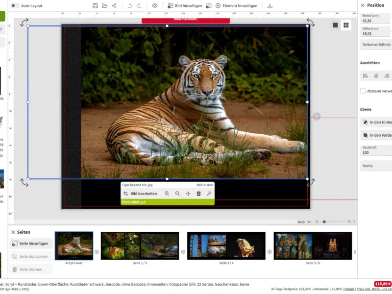 Fotobuch gestalten Workshop – Cover-Gestaltung mit Tigermotiv im Saal Digital Editor